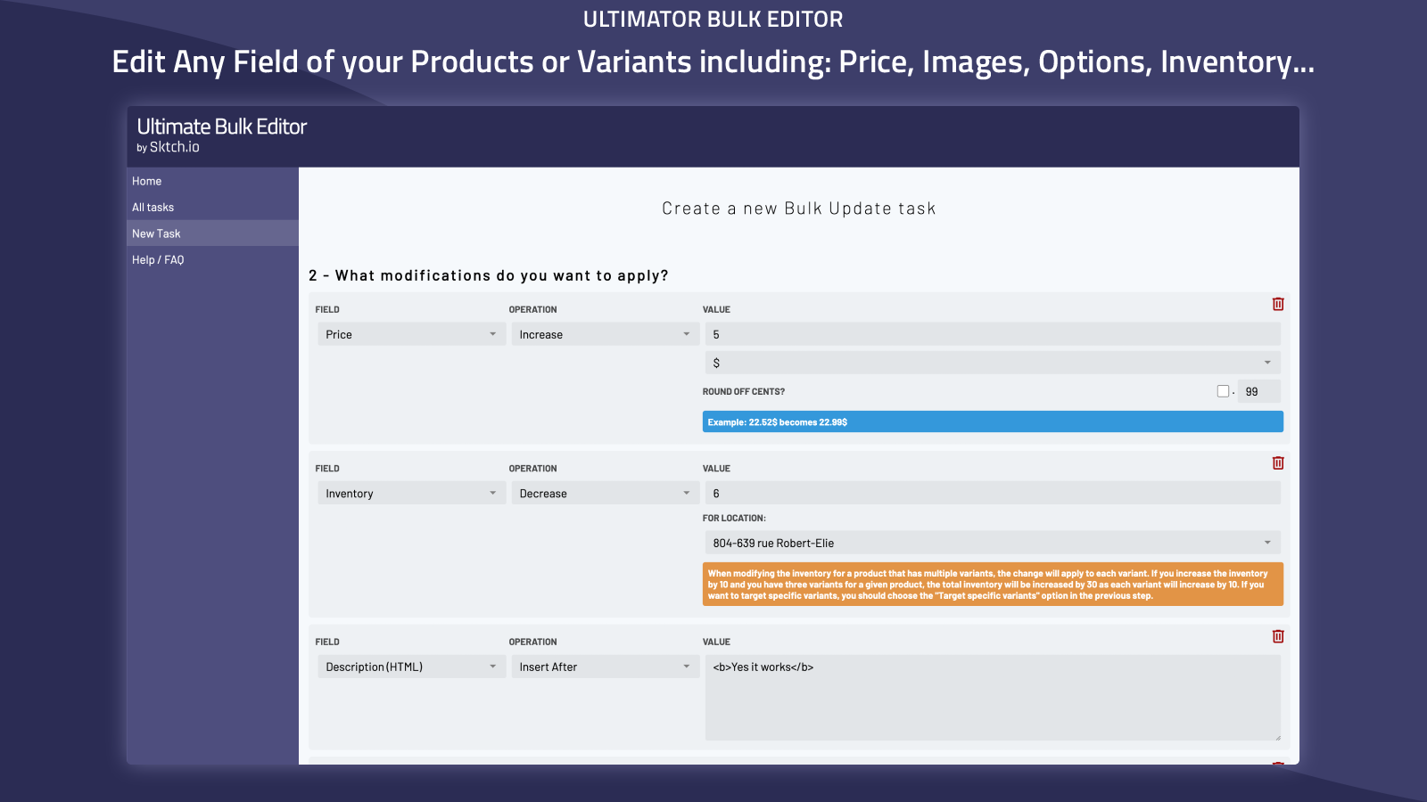 Shopify bulk editor dashboard showing product field controls