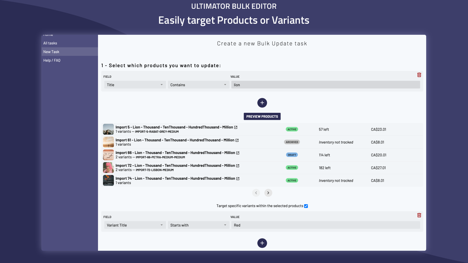 Variant-level bulk editing controls in Shopify