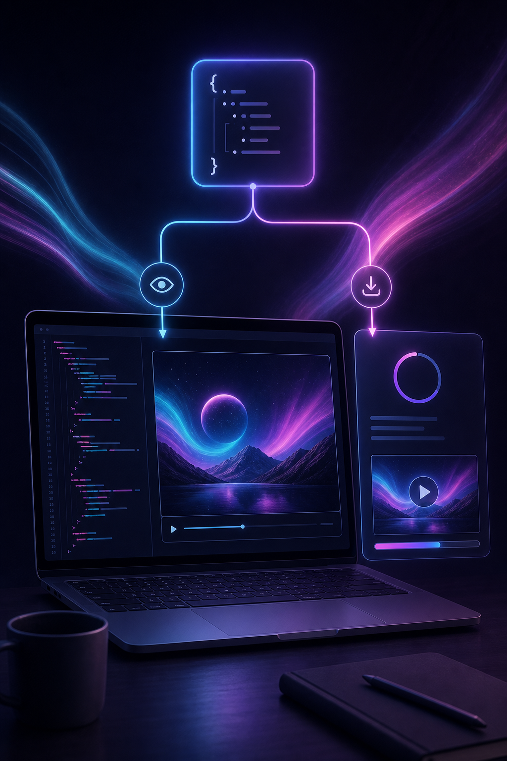 Browser-first export workflow with timeline, preview, and upload panel