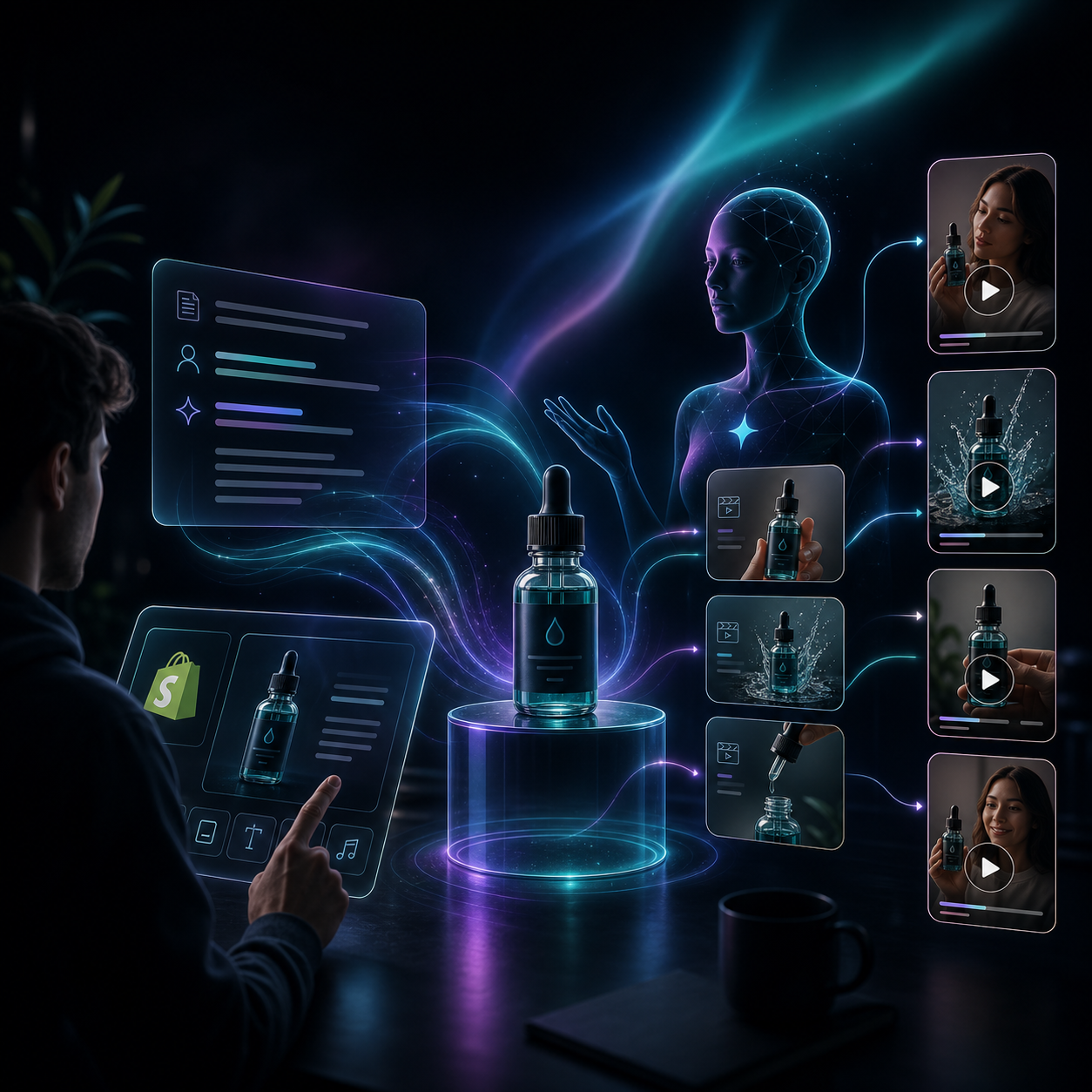 AI avatar and product in a dark aurora studio scene