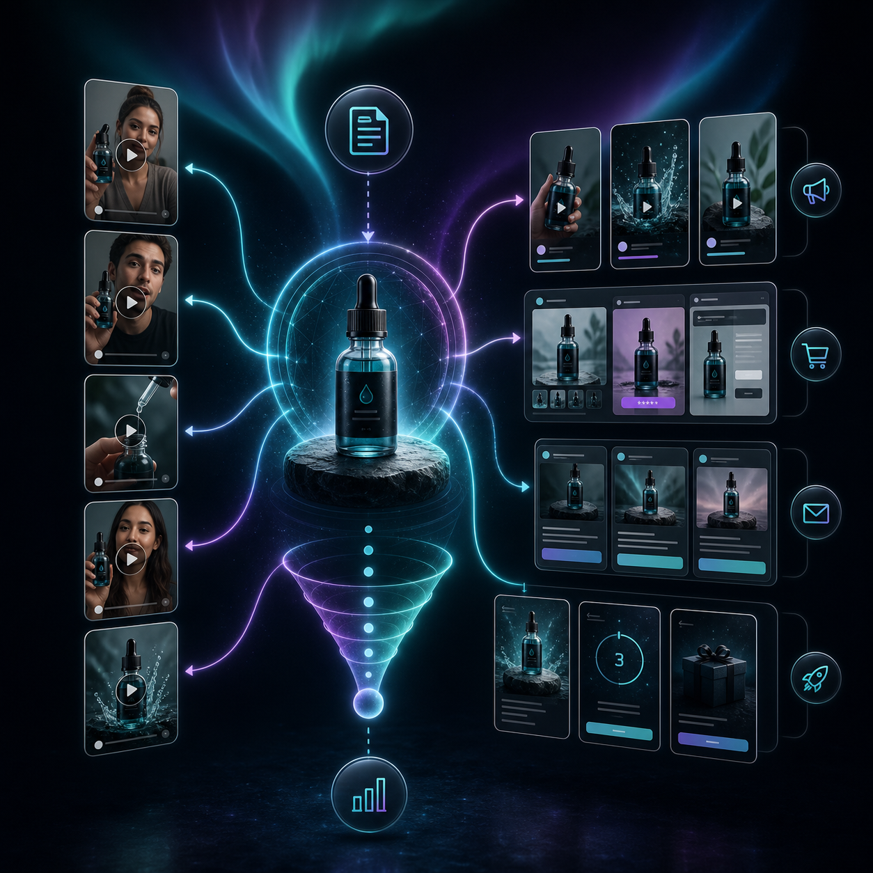One product branching into multiple UGC video ad variations across the funnel