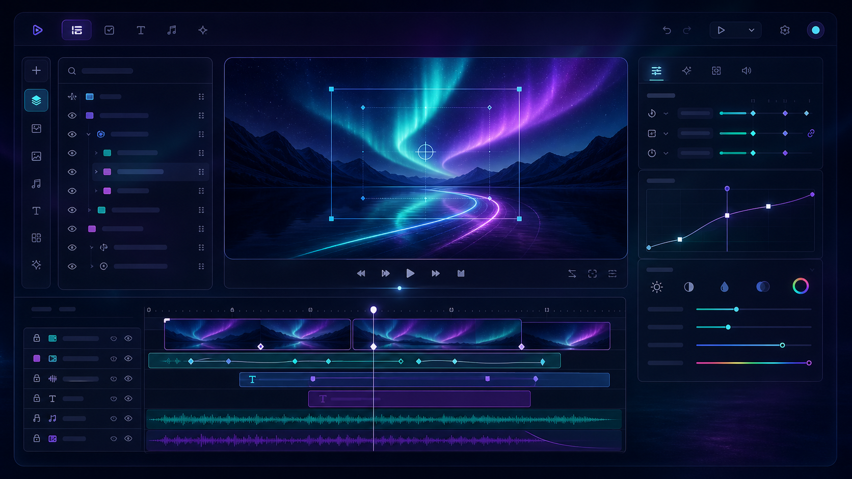 VideoFlow editor concept with multi-track timeline and inspector panel