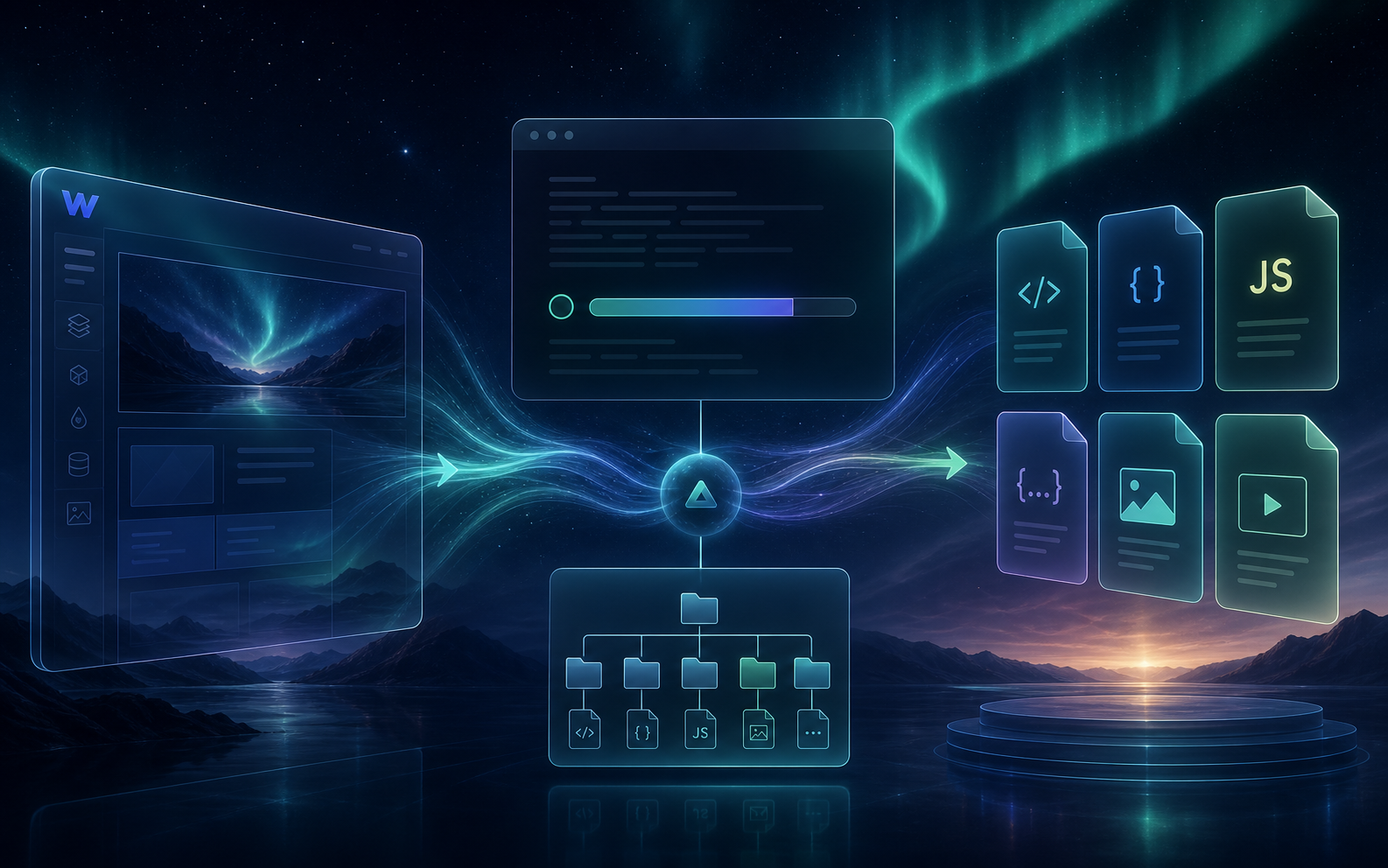 Aurora diagram of Webflow export files flowing into static hosting