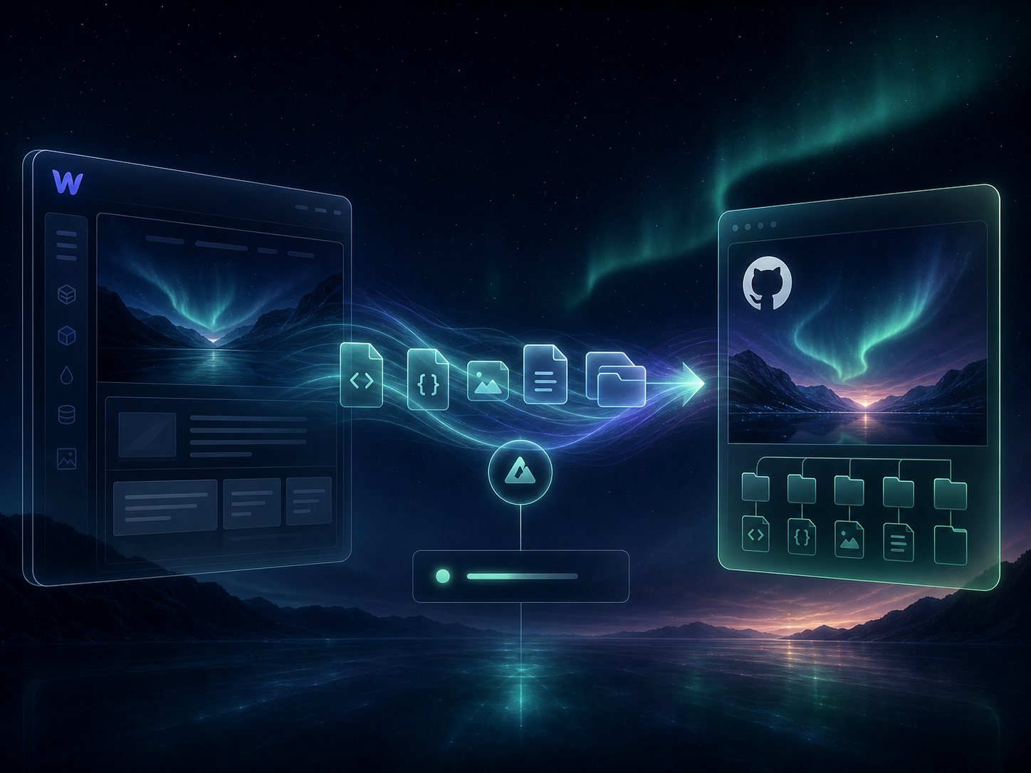 Aurora workflow visual for a Webflow site mirrored to GitHub Pages