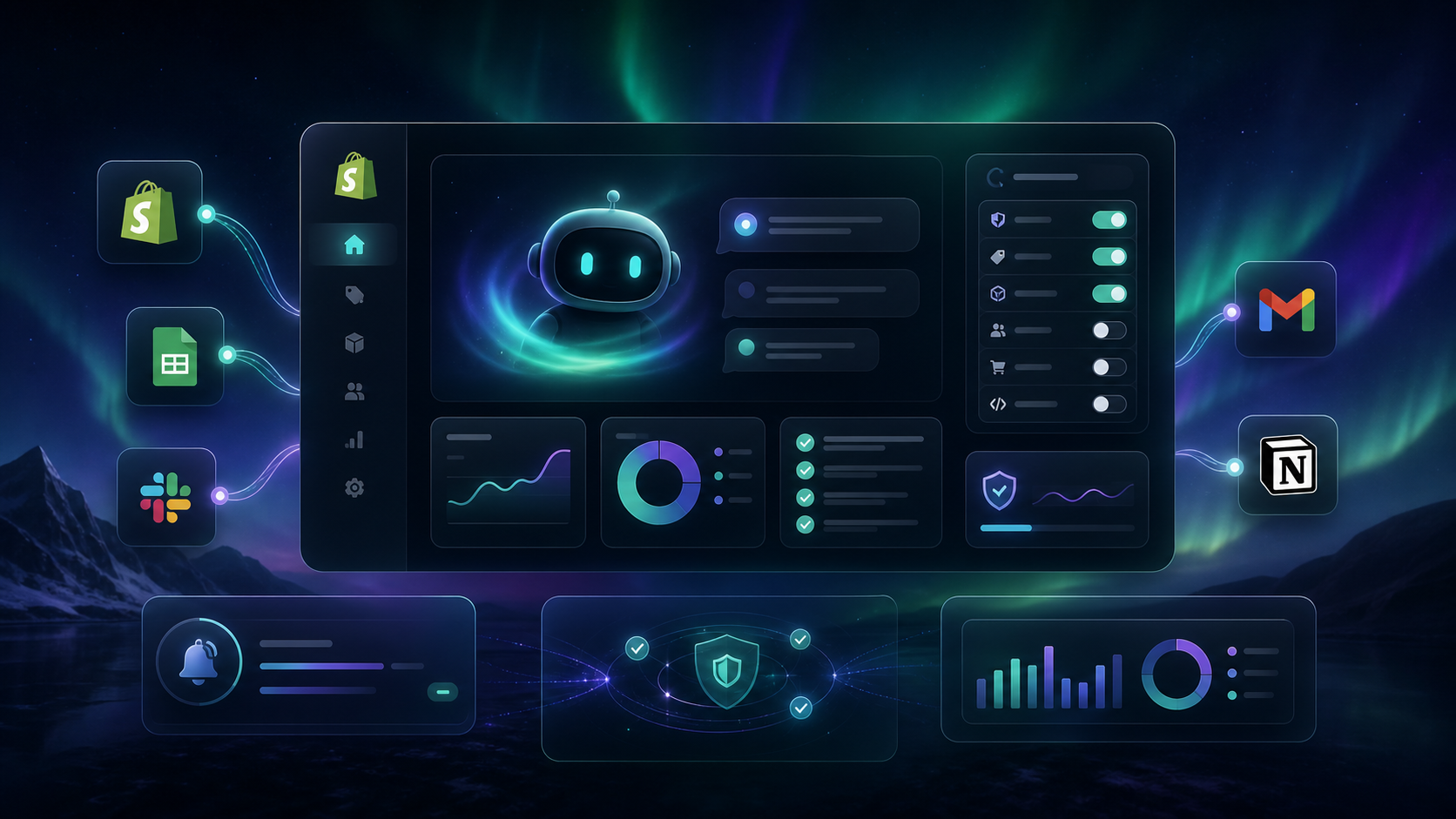 Dark aurora banner showing a Shopify AI agent command center with integrations and guardrails