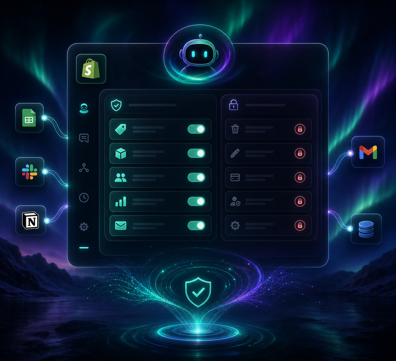 Scoped permissions dashboard for a Shopify AI agent with allowed tools and blocked actions
