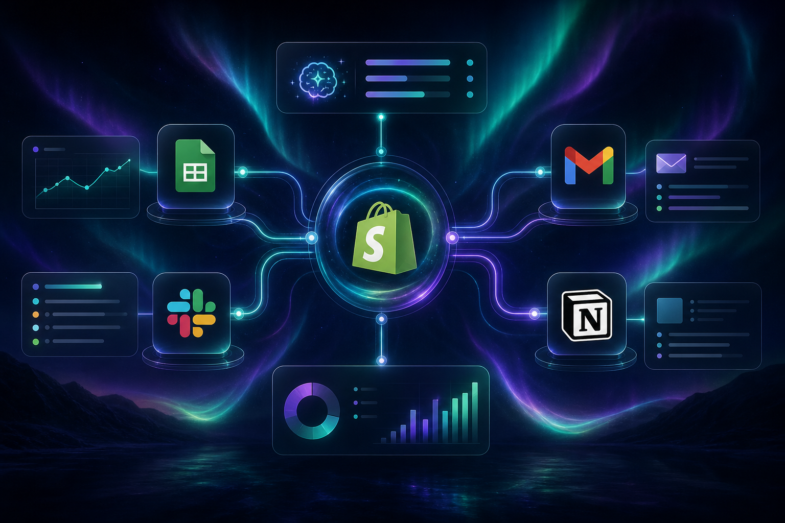 Shopify automation map connecting the store to Sheets, Slack, Gmail, and Notion