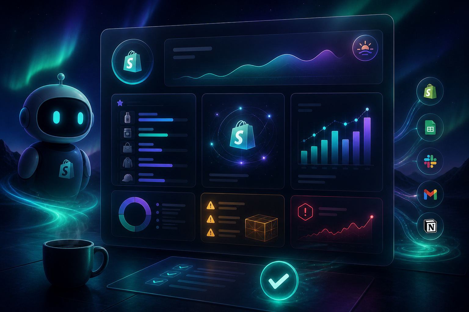 Daily Shopify report dashboard with sales trends, alerts, and review checkpoints