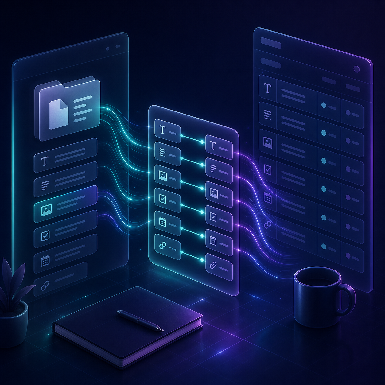 Dark aurora illustration of Notion and Webflow field mapping