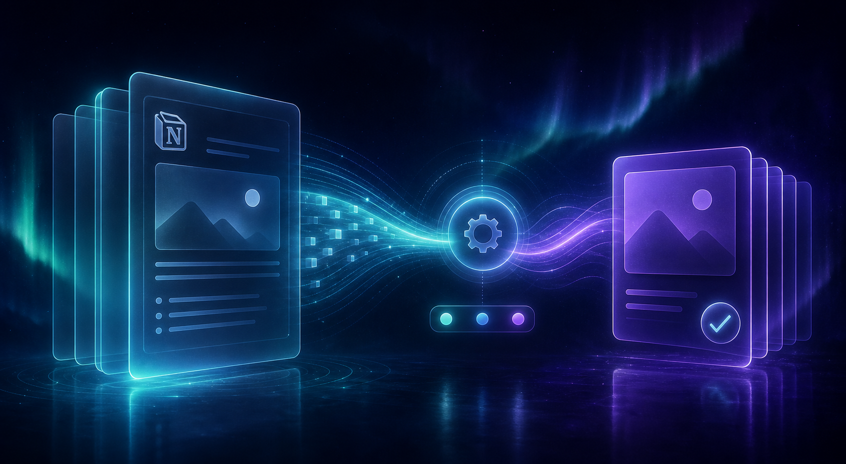 Dark aurora illustration of automated Notion-to-Webflow publishing