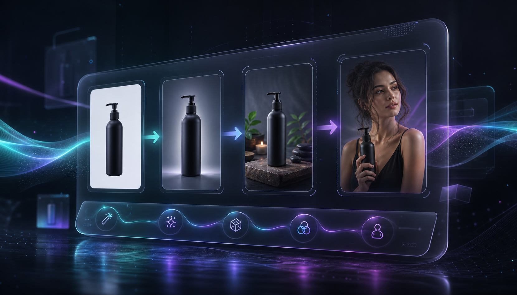 Dark aurora illustration of a Shopify image workflow inside a translucent control surface