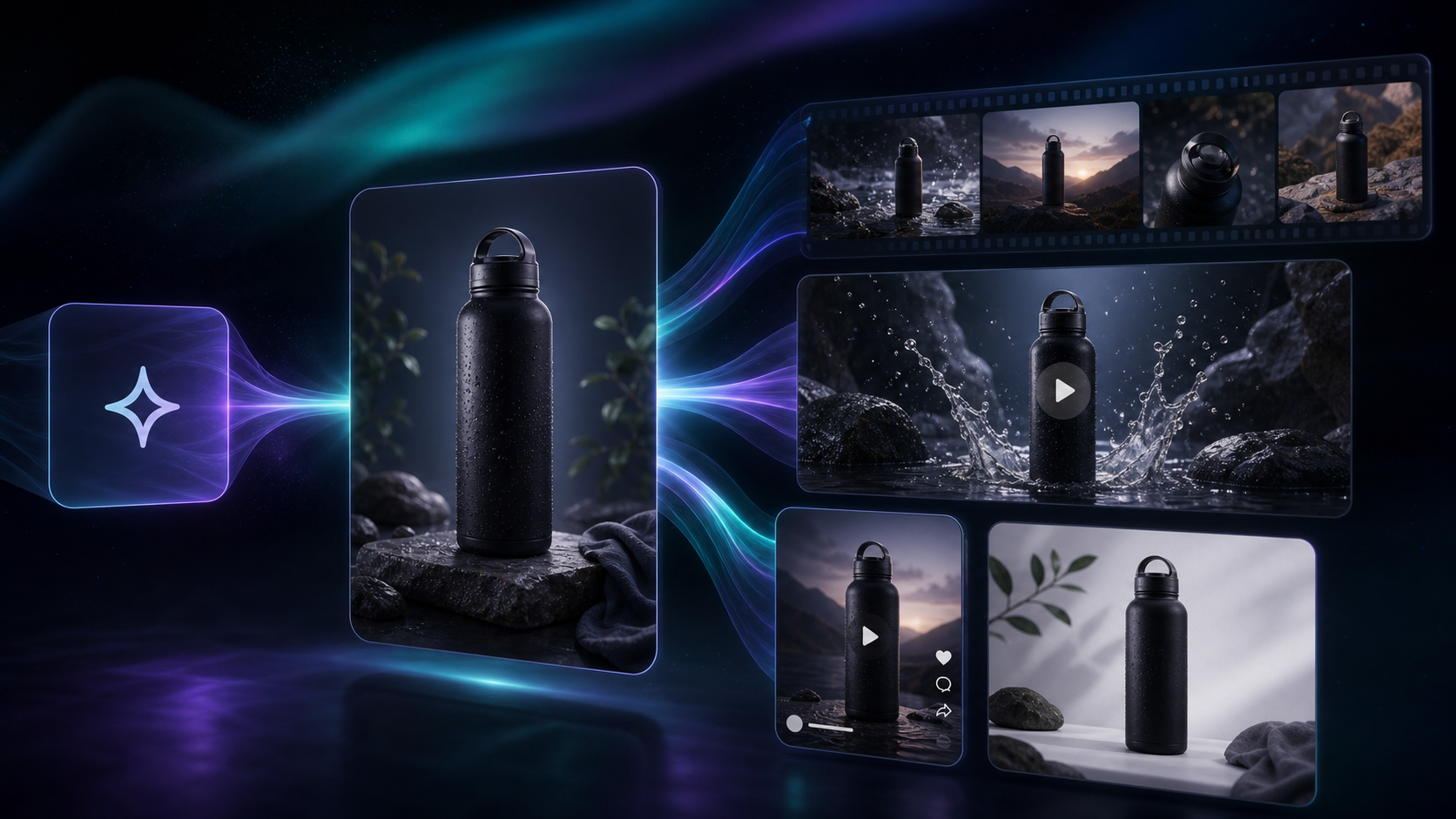 Dark aurora illustration of a product photo expanding into ad-ready visuals and video