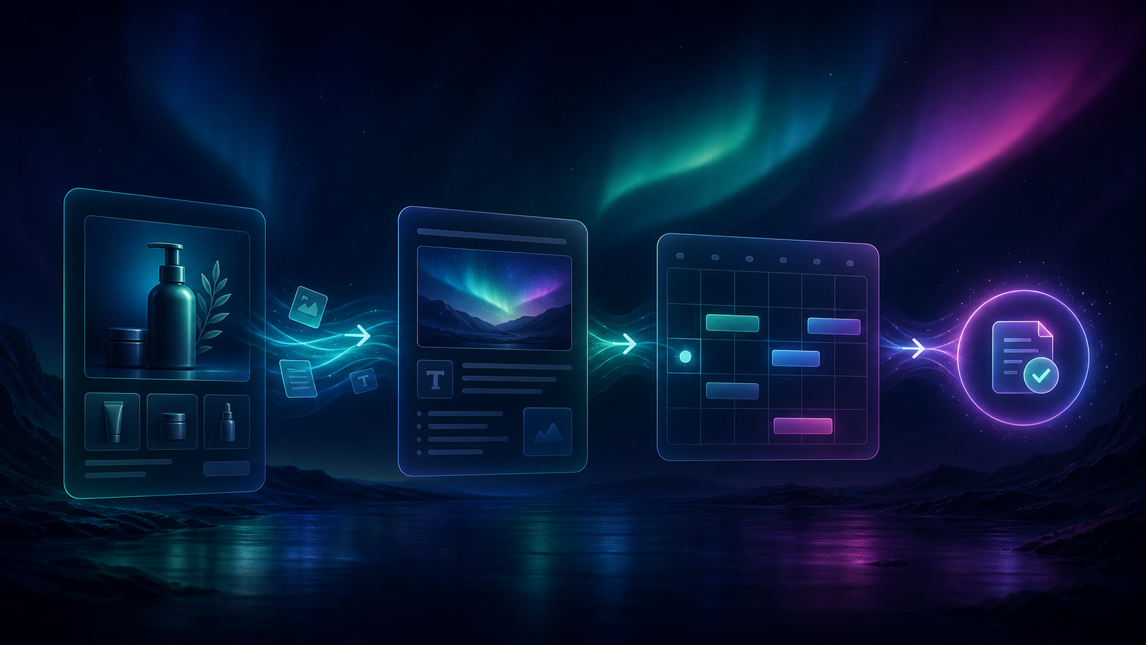 Shopify product brief flowing into draft, SEO, internal links, and scheduling panels