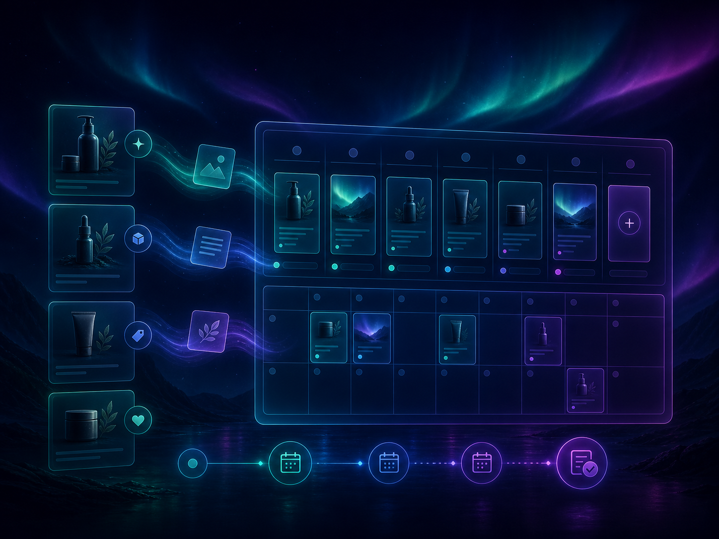 Shopify blog workflow showing product cards, SEO checks, internal links, and visual assets