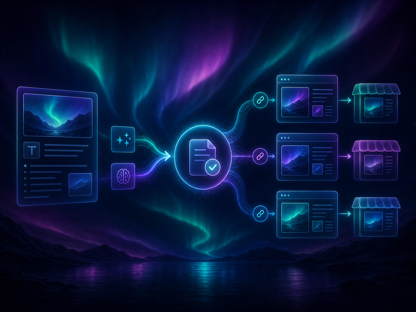 Draft publishing flow branching into multiple storefront and blog nodes