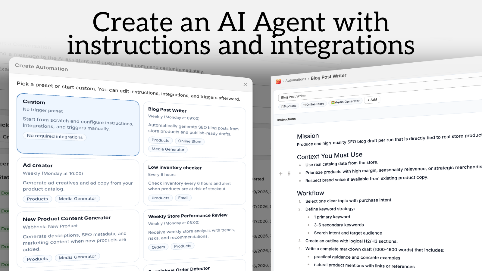 Clawly setup screen for creating an AI agent with instructions and integrations