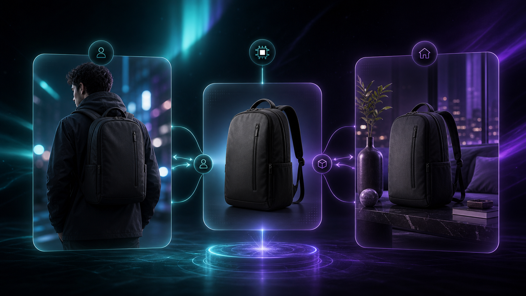 Try-on and lifestyle placement scene with dark aurora lighting