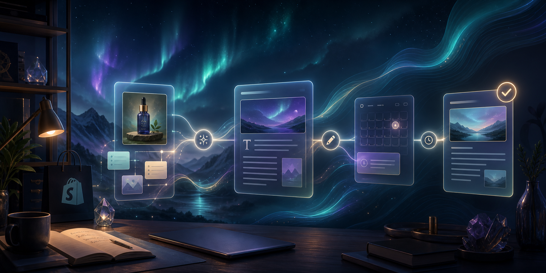 Dark aurora content pipeline for Shopify blog automation