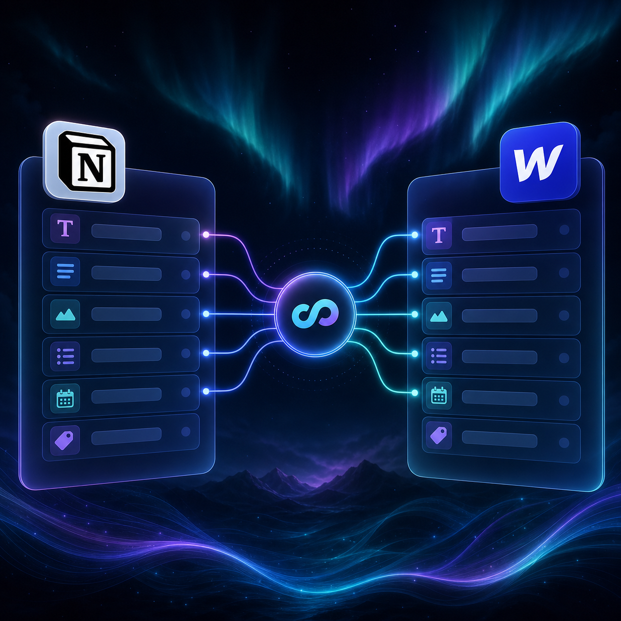 Dark aurora field mapping illustration for Notion and Webflow CMS