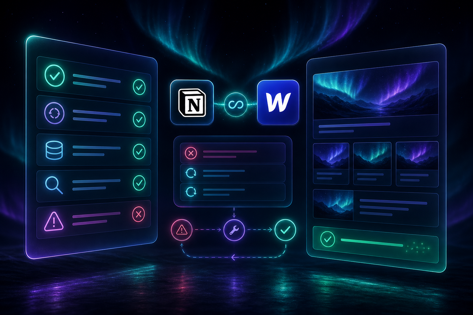 Dark aurora troubleshooting illustration for a Notion-to-Webflow sync