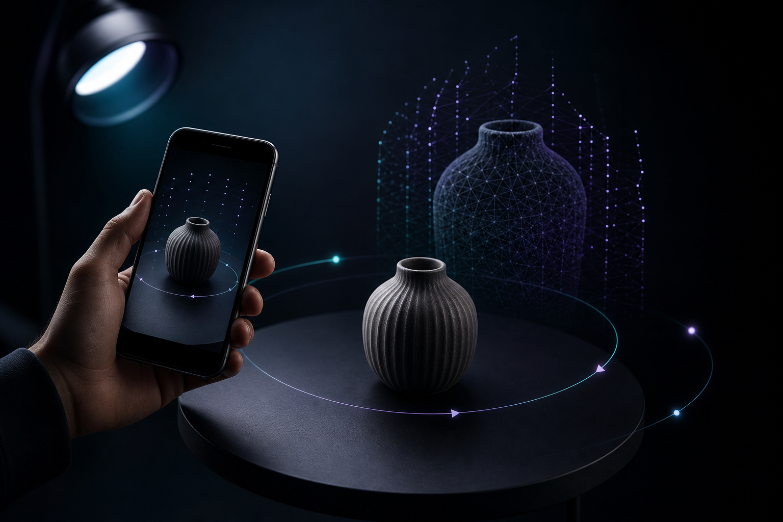 A smartphone orbiting a product during guided 3D capture