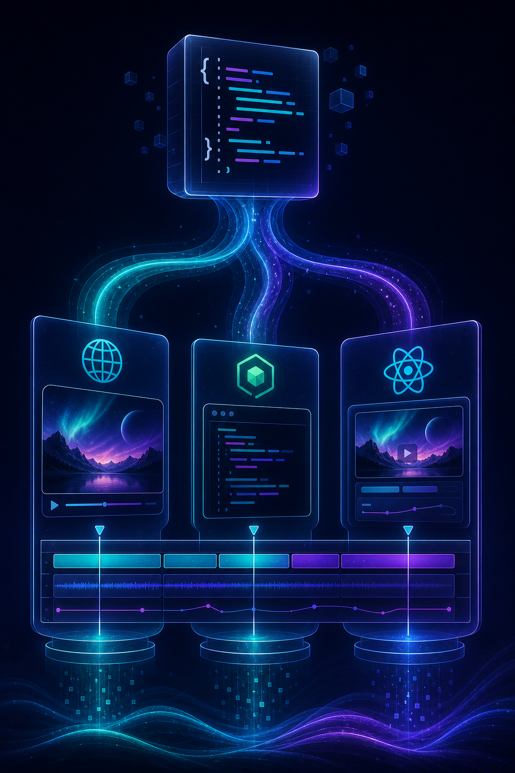 Three renderer panels connected to one shared video JSON
