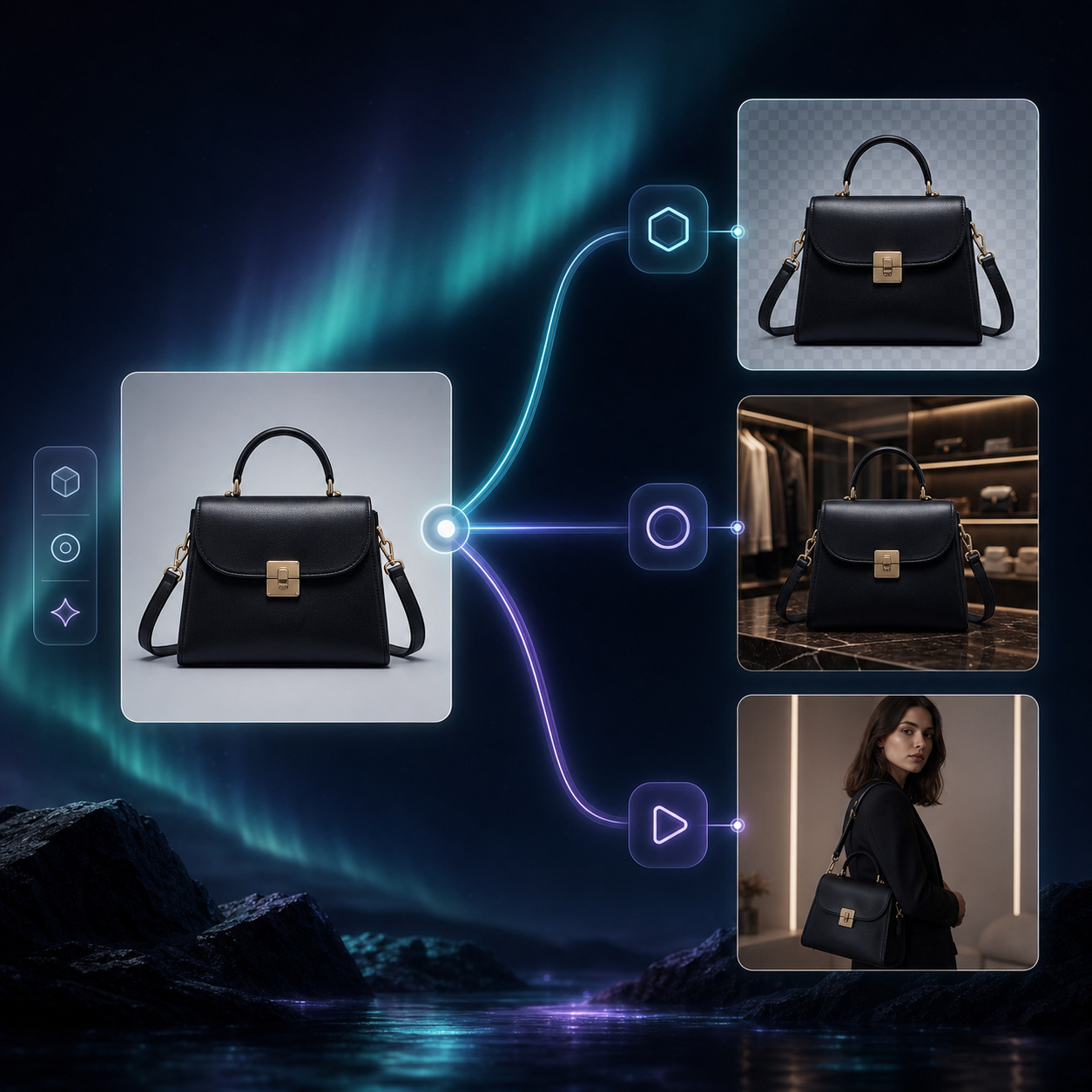 Workflow from one product photo into multiple creative outputs