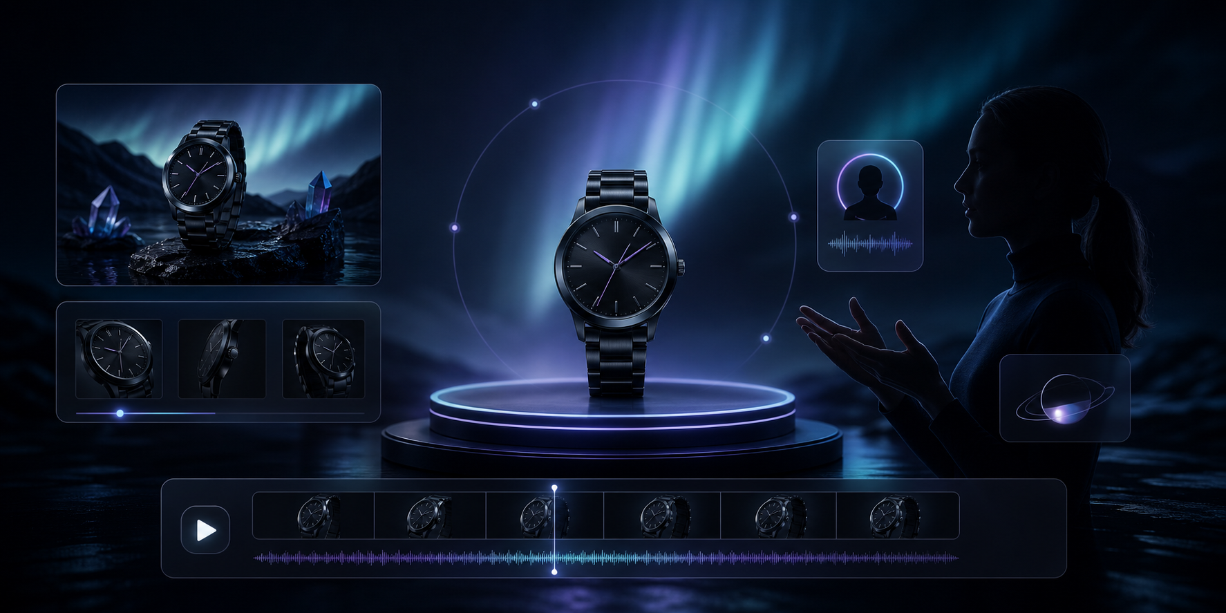Cinematic AI UGC product video concept with a rotating product and presenter silhouette