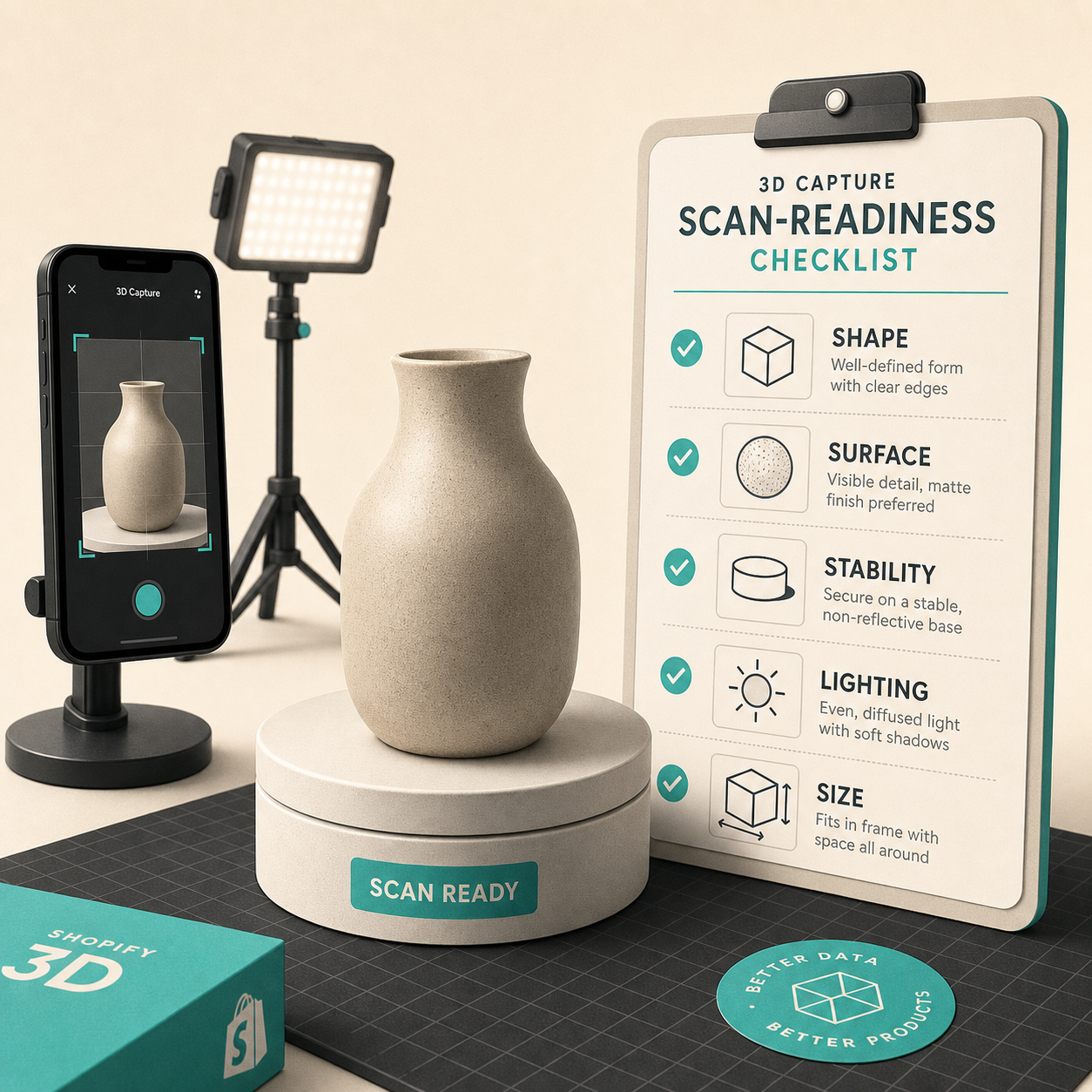 3D capture scan-readiness checklist with lighting, shape, stability, and size checks