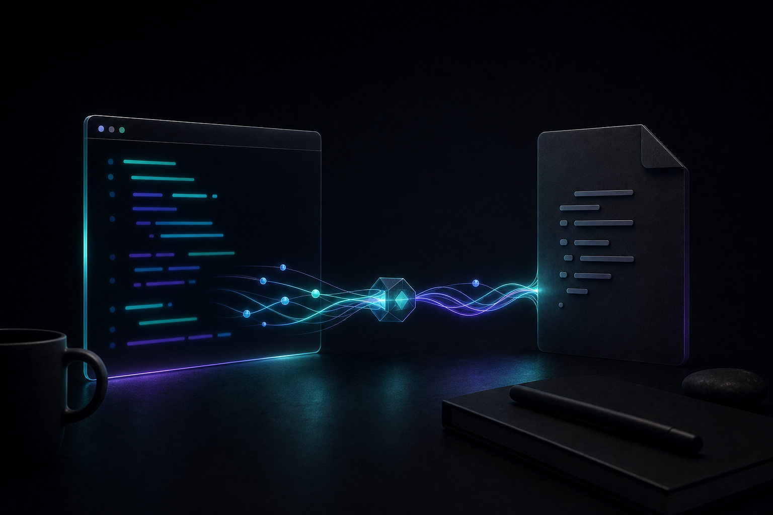 Clean terminal-to-file pipeline rendered as a dark aurora scene