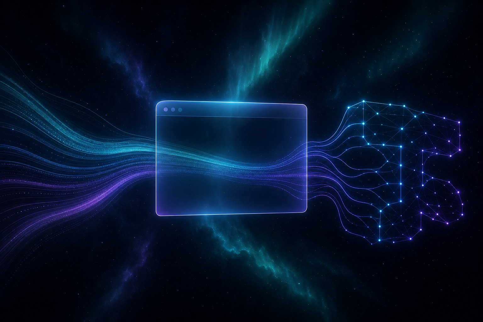 Abstract terminal automation diagram with a real local session flowing into TypeScript output