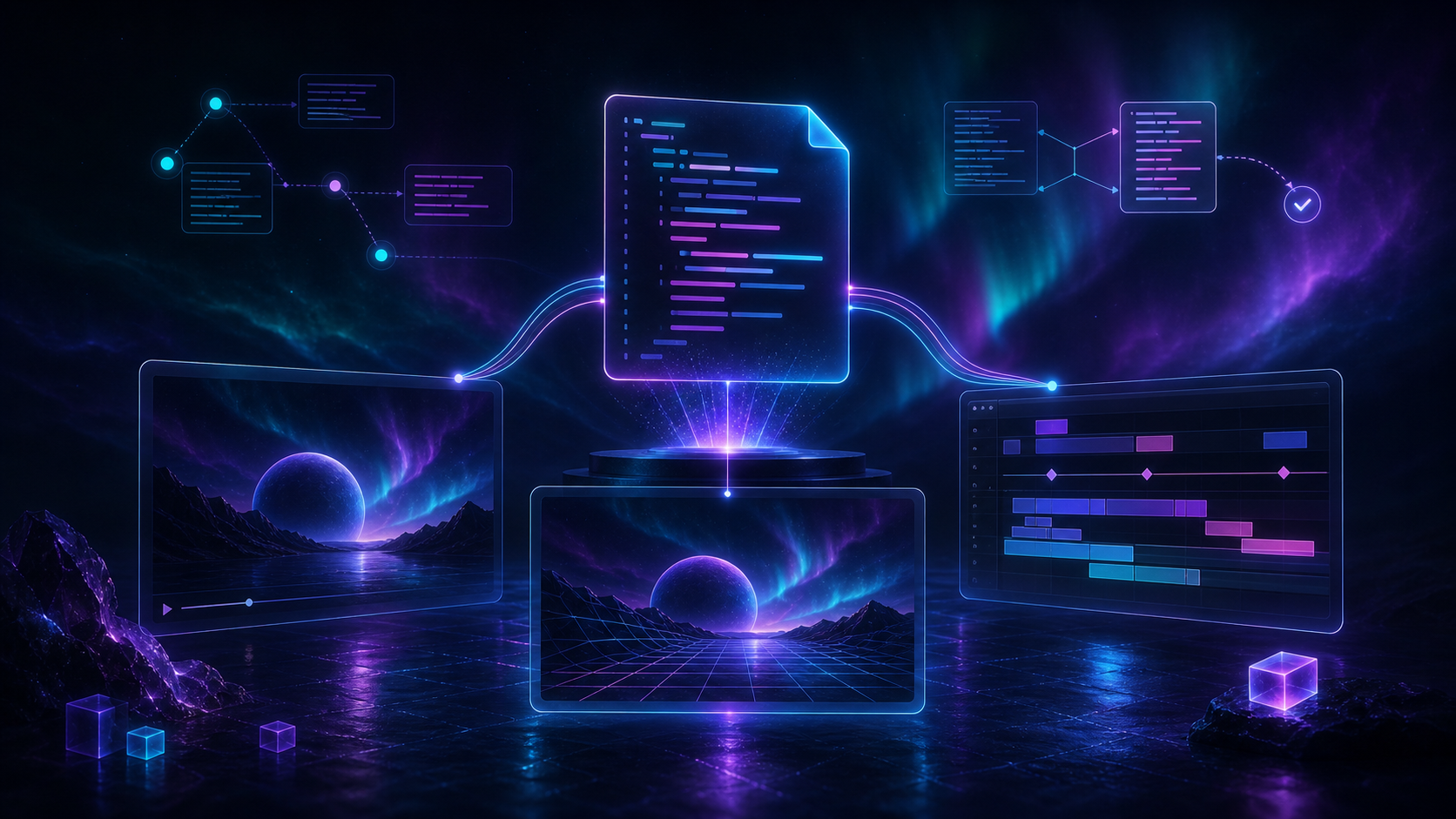 One VideoJSON source branching to browser preview, server render, and editor