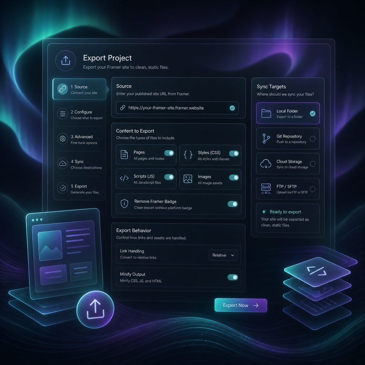 Framer export settings dashboard