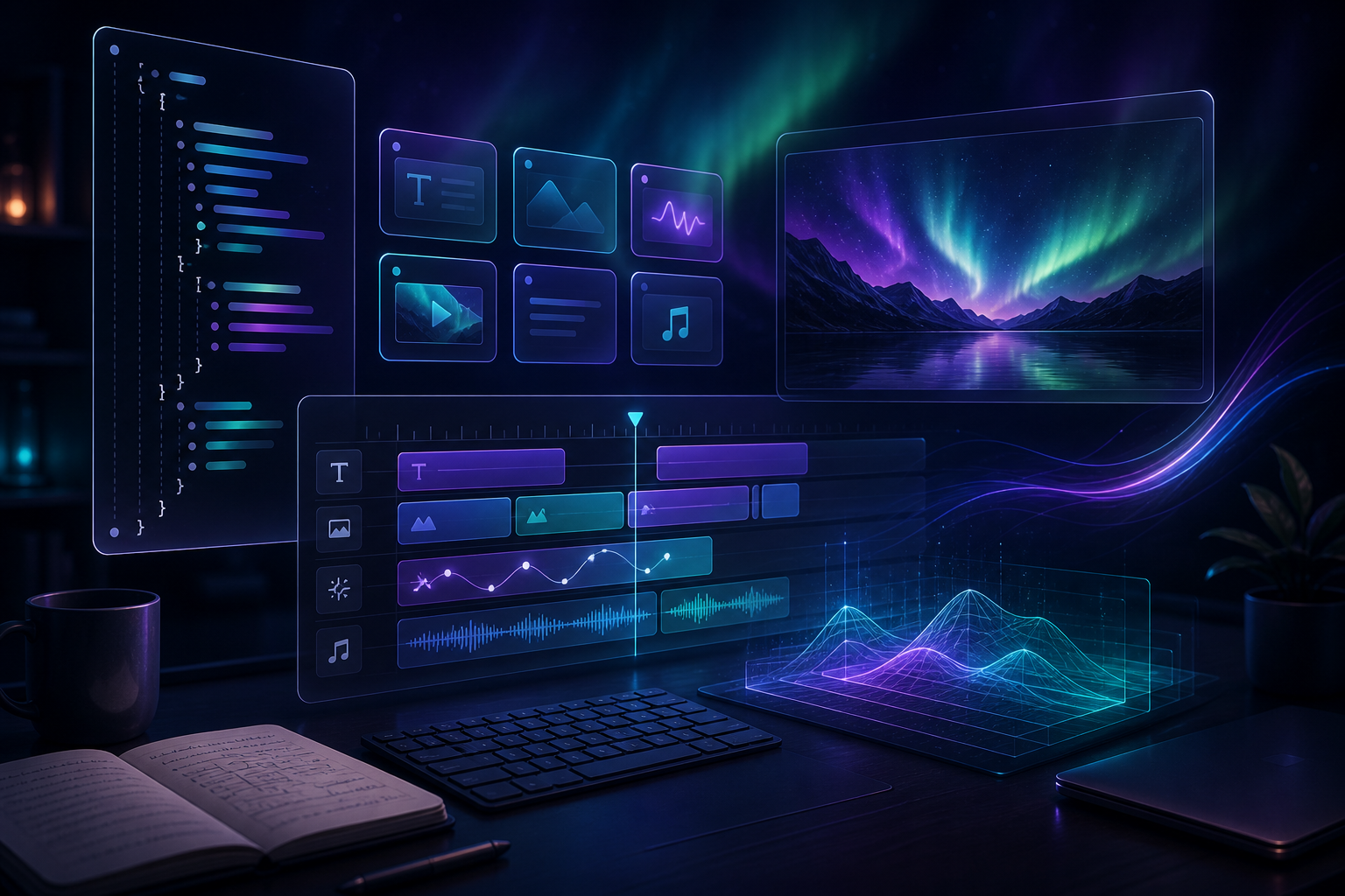 VideoFlow workspace with structured scene cards, timeline layers, and a live render preview