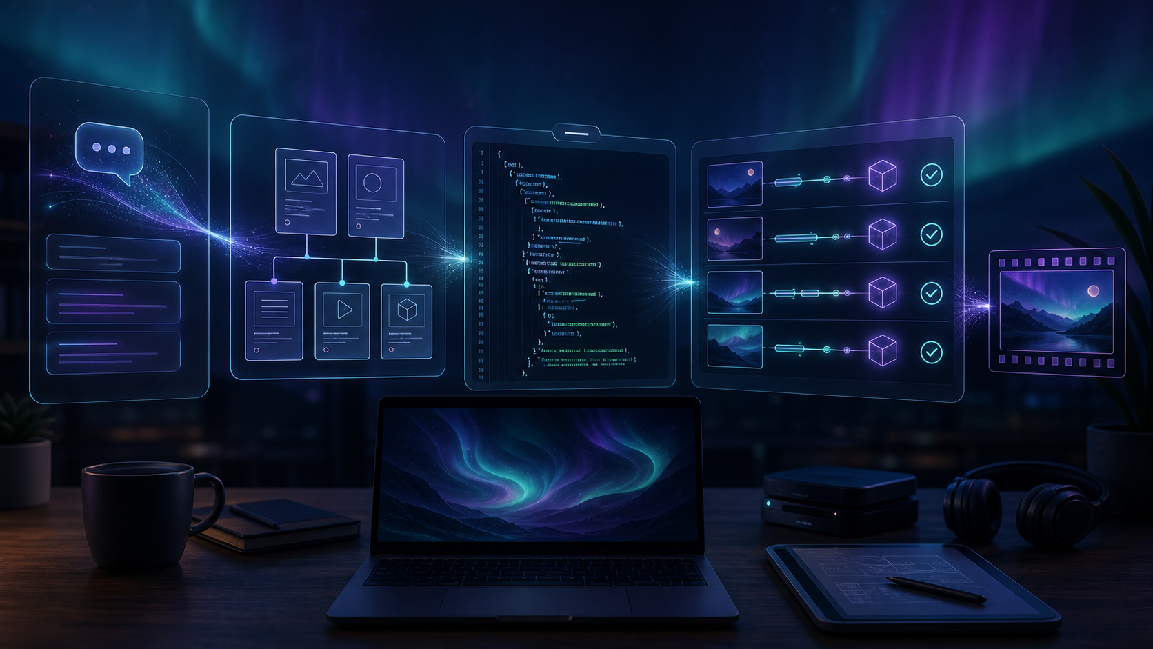 Prompt-to-VideoJSON handoff in a dark aurora workspace