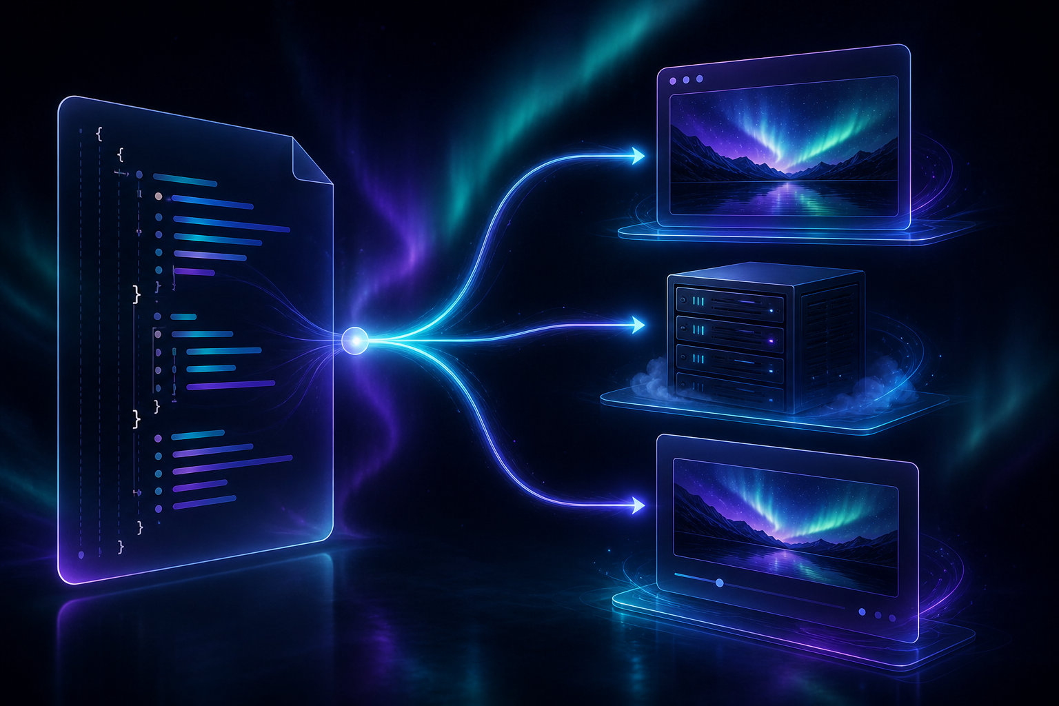 VideoFlow JSON branching into browser, server, and DOM preview render targets