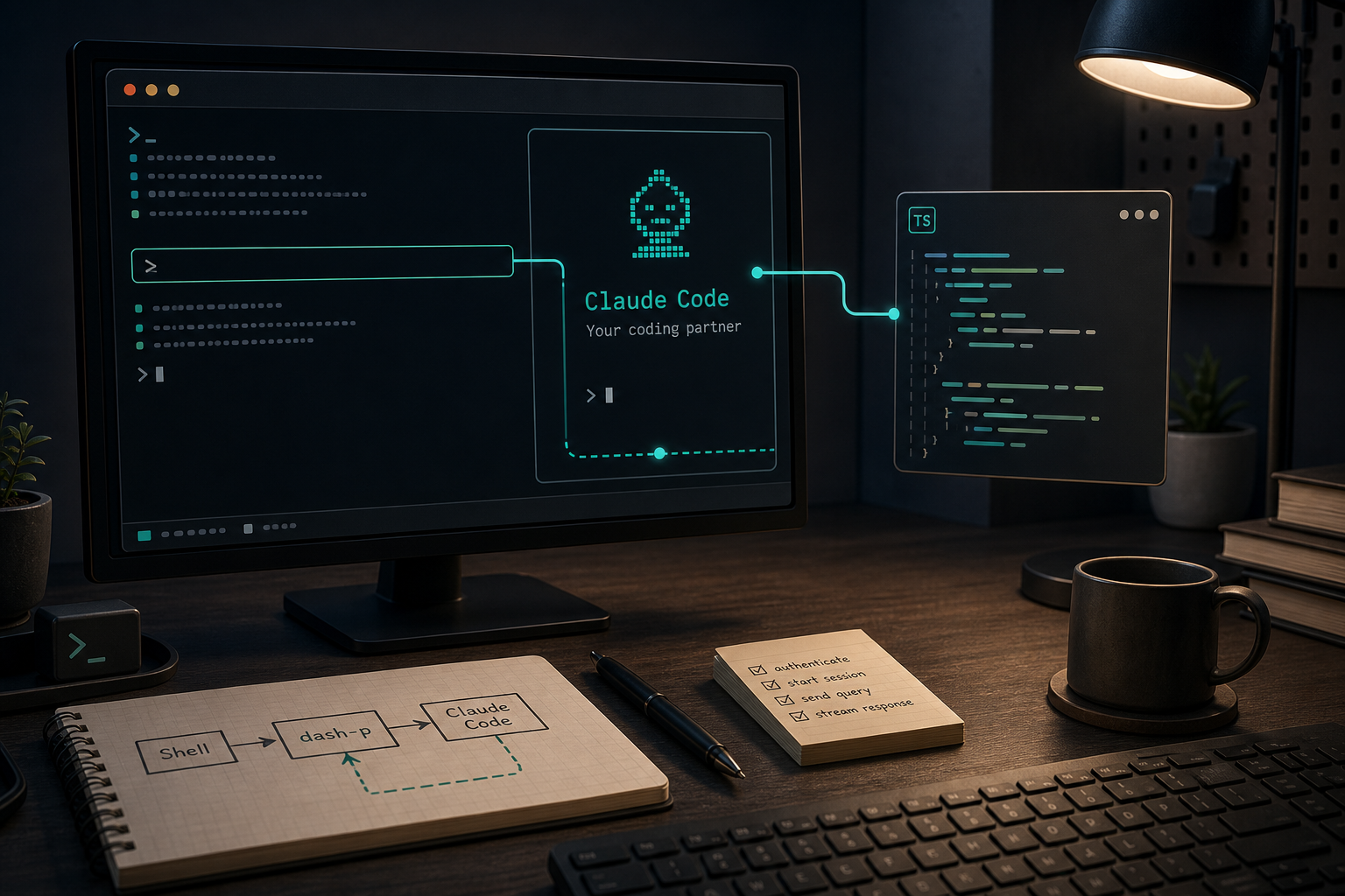 Developer desk with Claude Code scripted from a local shell wrapper