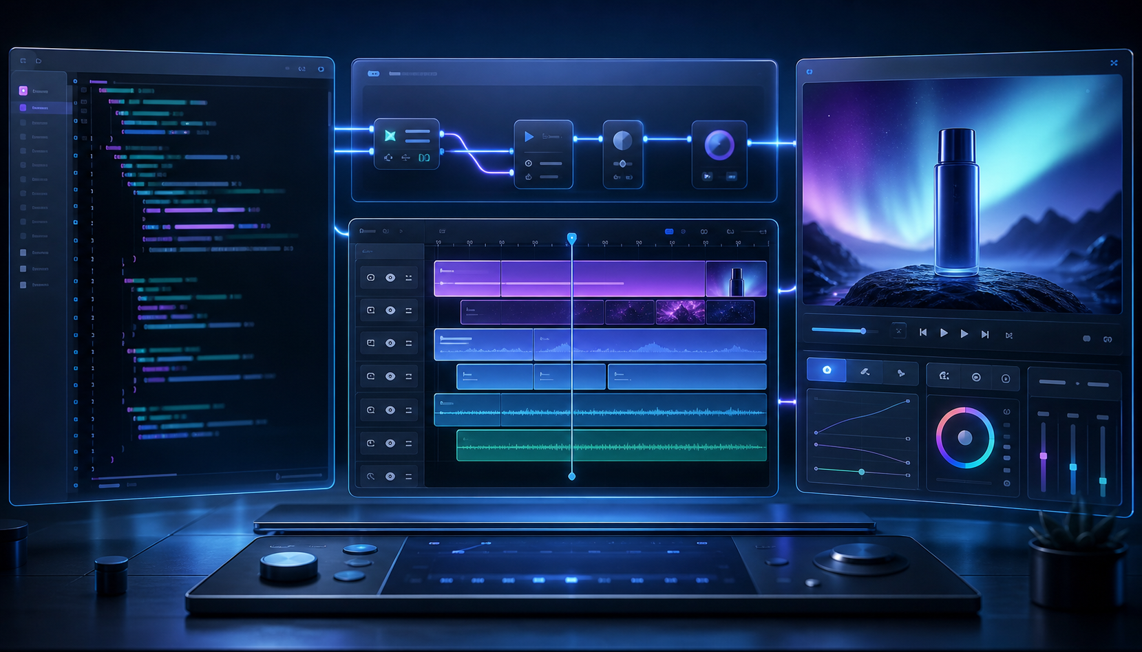 VideoFlow editor illustration with TypeScript code, timeline, and preview