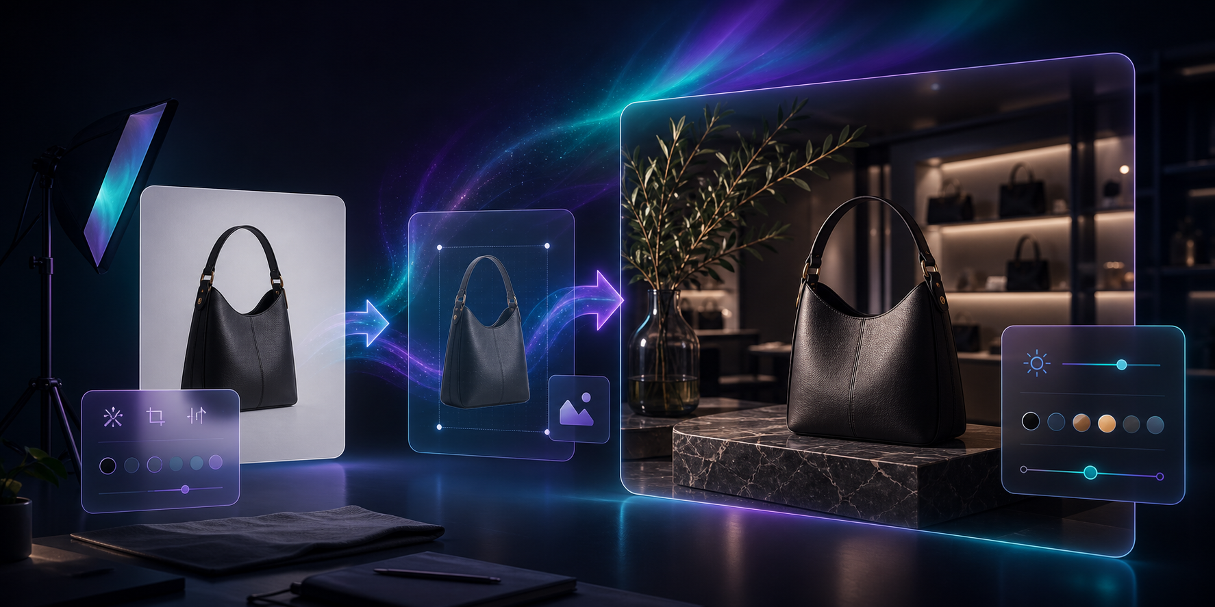 AI placement scene showing a product dropped into a premium lifestyle environment