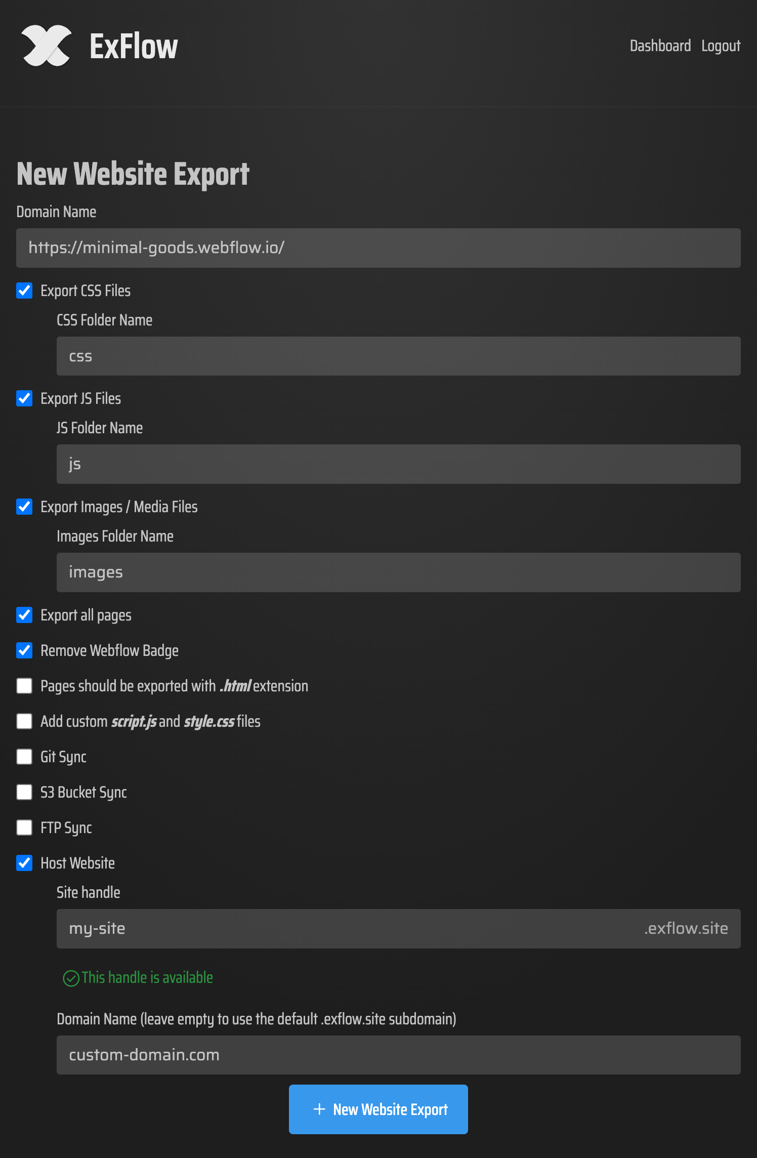 Framer export configuration shown in a calm settings panel