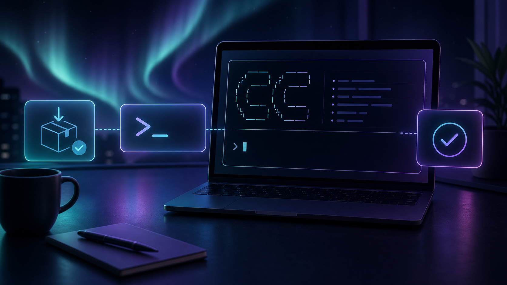 Dark aurora desk scene for the first dash-p smoke test
