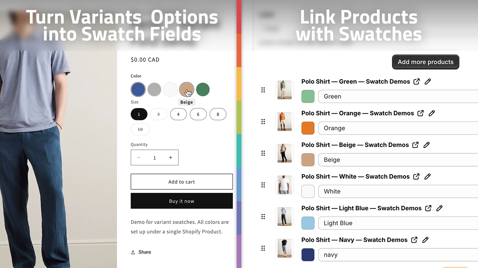 Variant options and linked products configured as swatches in a Shopify app panel