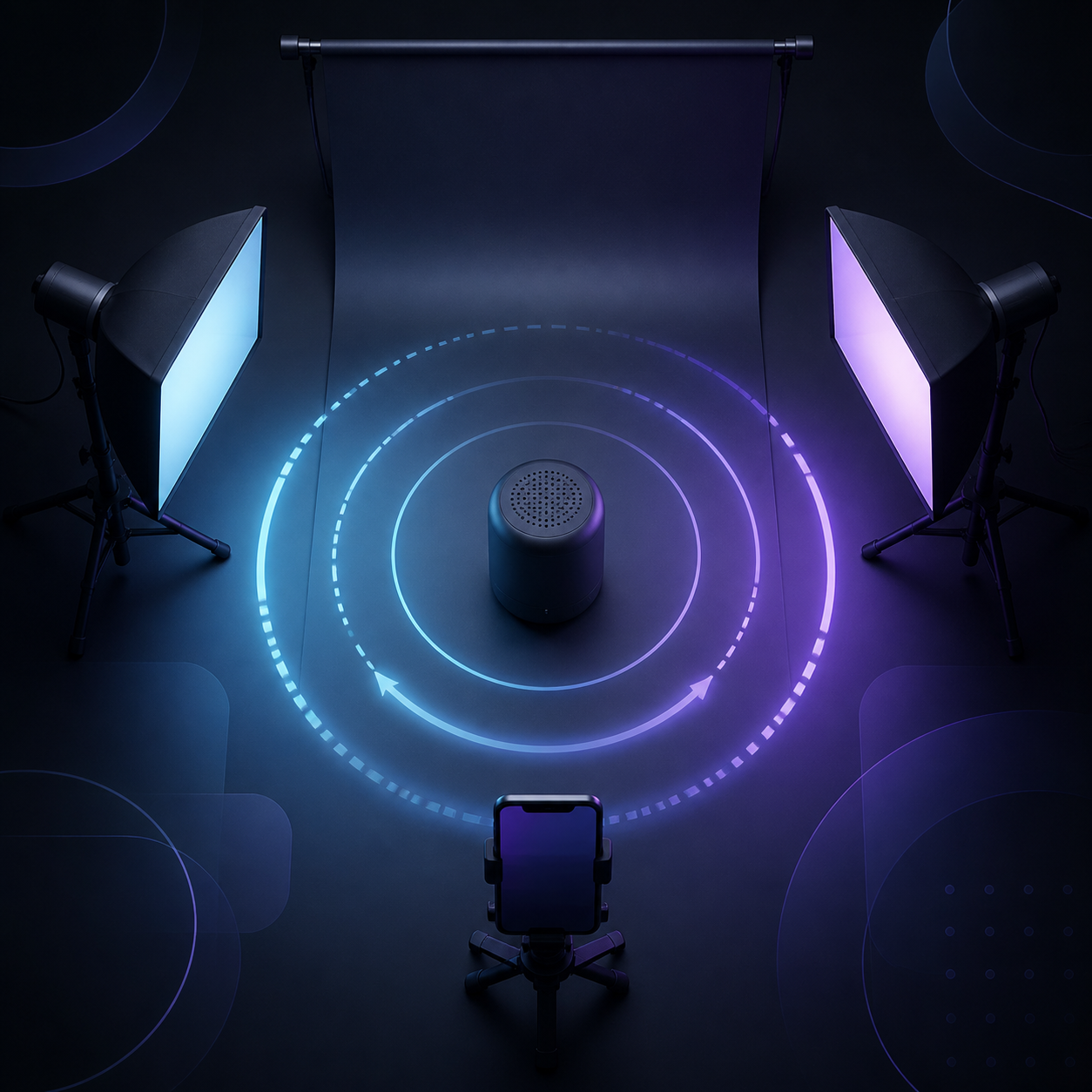 A phone and product arranged for a planned 3D capture orbit