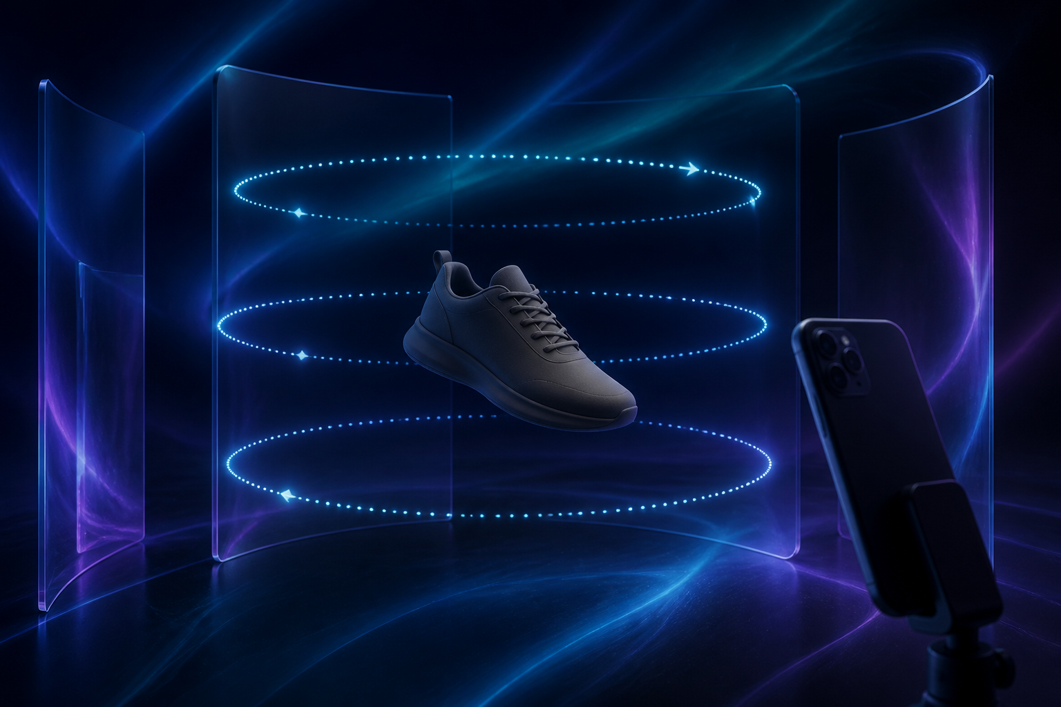 Luminous photo orbit around a matte product, showing deliberate capture angles