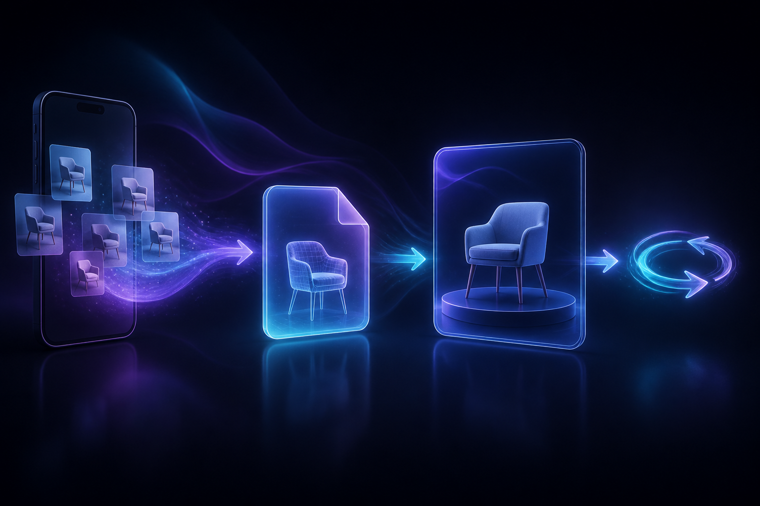 A conceptual flow from phone photos to a glowing interactive product media card