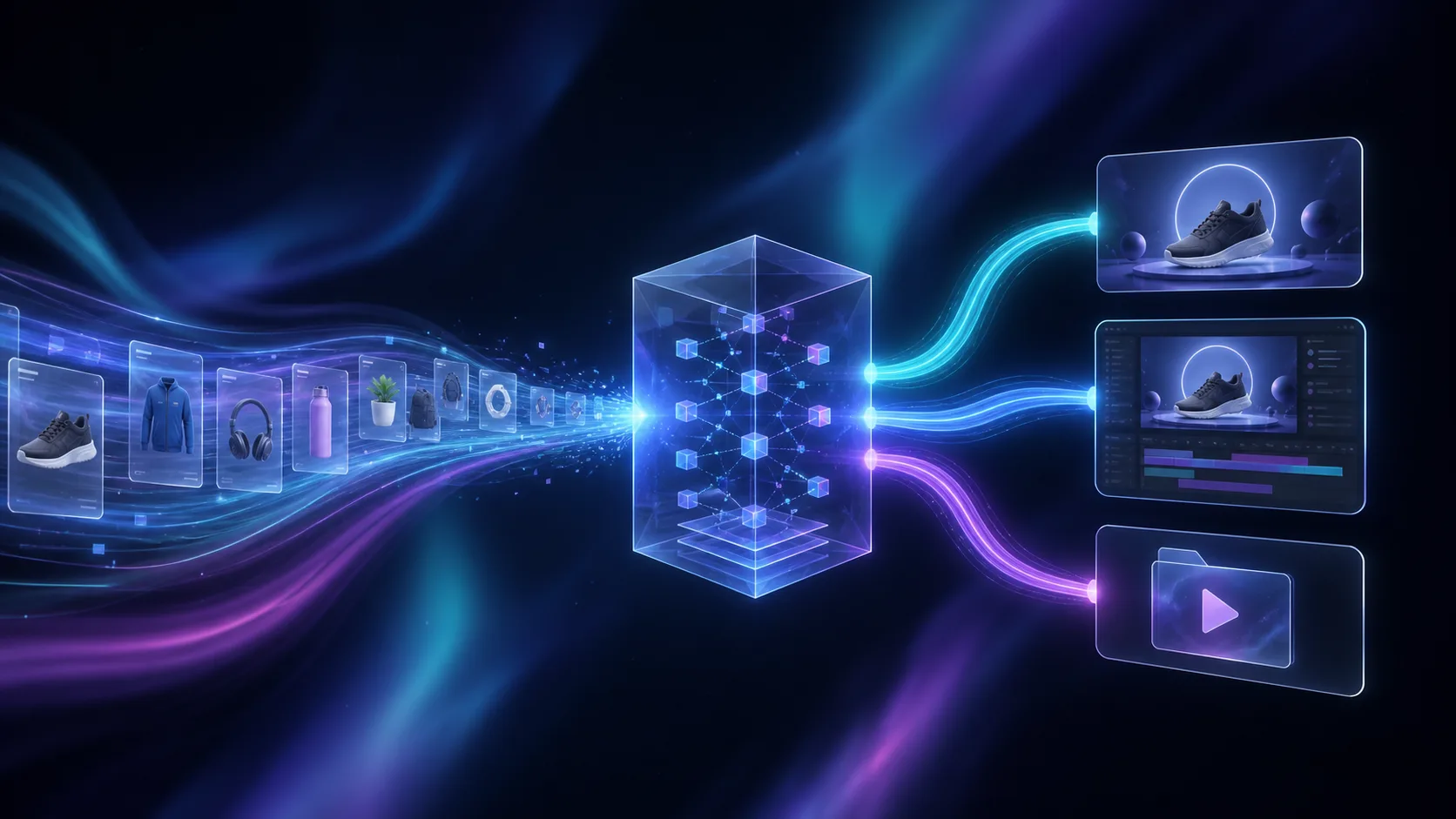 Aurora data flow from Shopify product feed into a video production queue