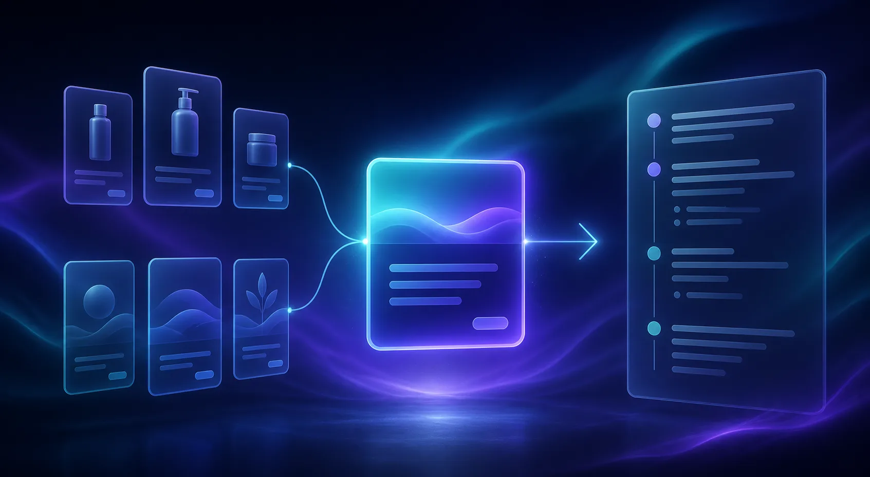 Abstract product and topic cards flowing into a clear blog outline