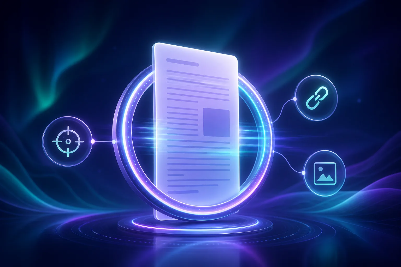 A glowing article card passing through an accuracy, links, and visual review checkpoint