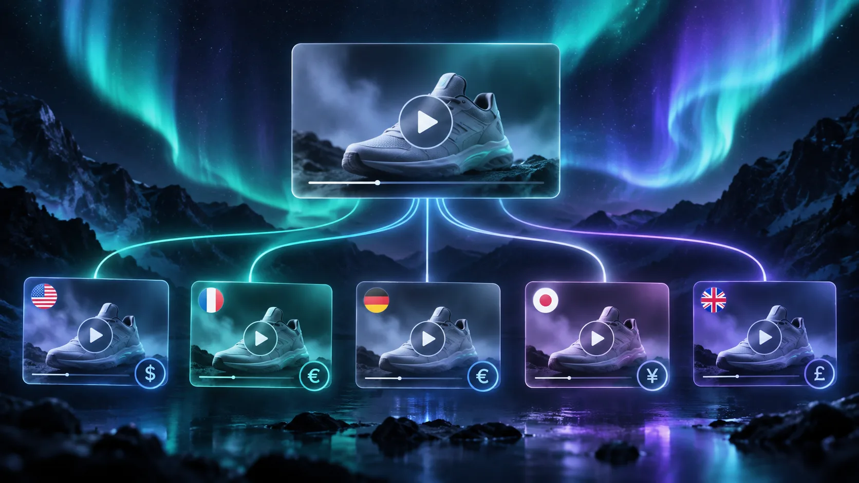 Aurora illustration of one product video template branching into localized variants
