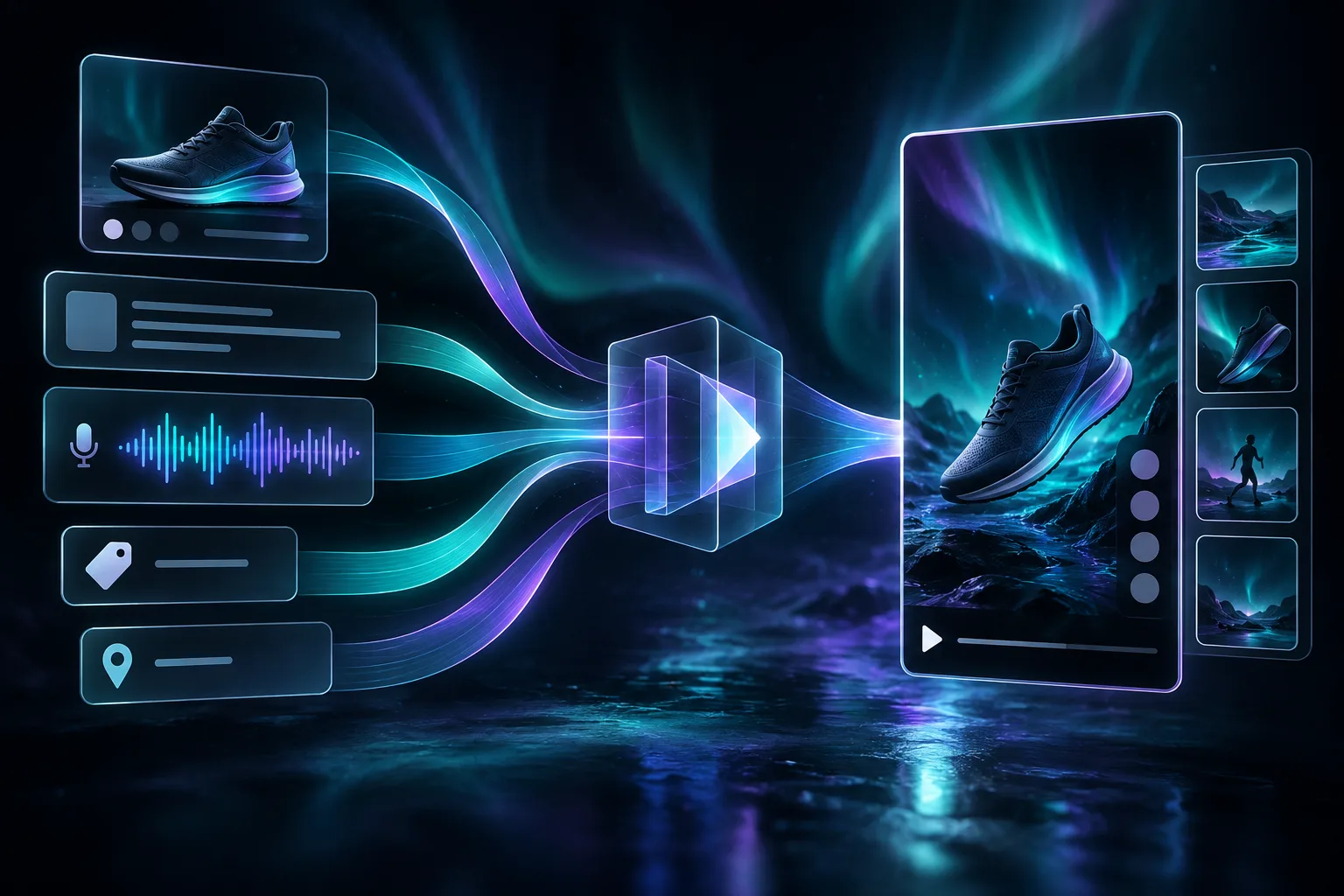 Aurora illustration of product data, captions, and price tokens flowing into a video template